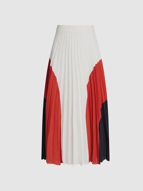 Reiss Pleated Colorblock Midi Skirt in White, Red & Black